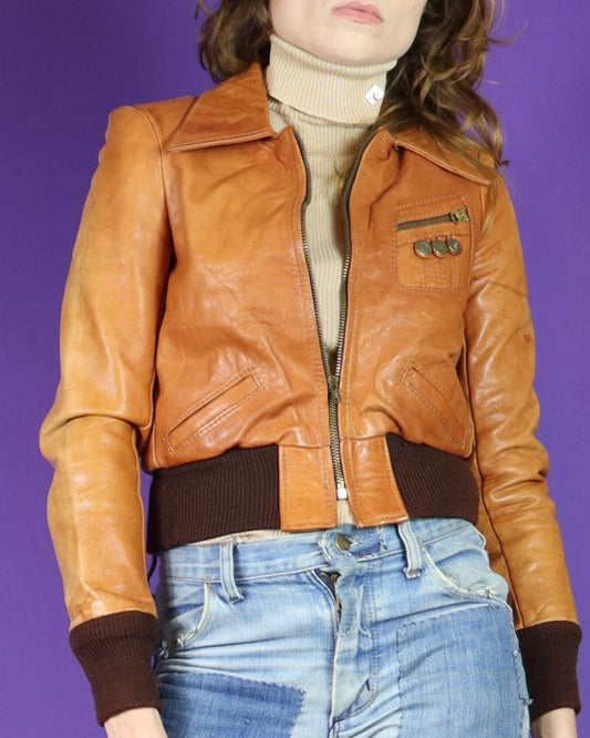 Vintage 1970s Gandalf Tan Leather Bomber Jacket