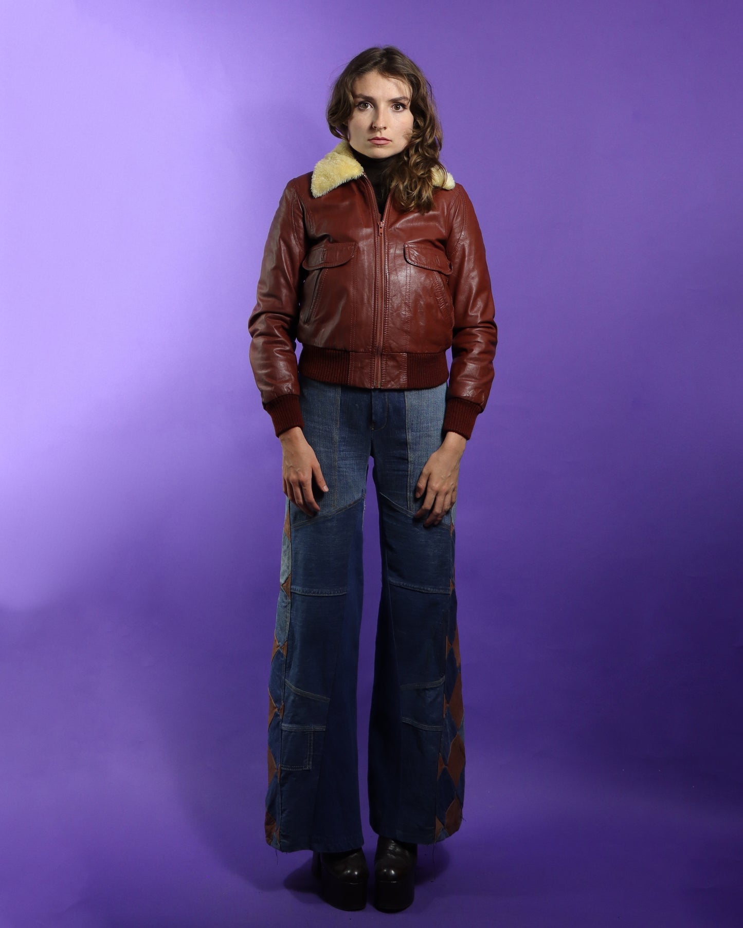 Vintage 1970s Leather Bomber Jacket with Faux Fur Lining