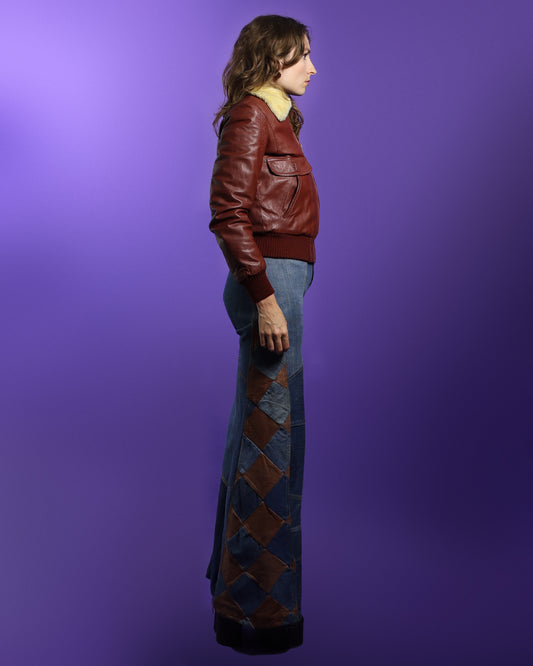 Vintage 1970s Leather Bomber Jacket with Faux Fur Lining