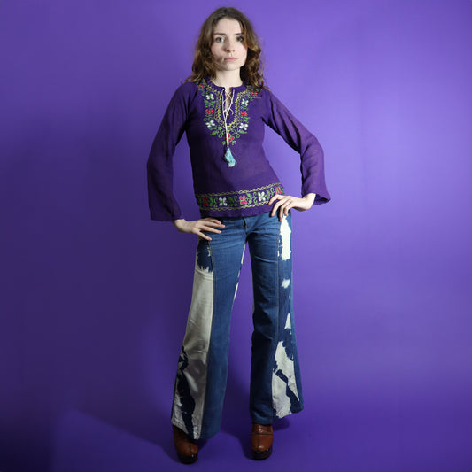 Vintage 1970s Deadstock Indian Cotton Embroidered Cheesecloth Purple