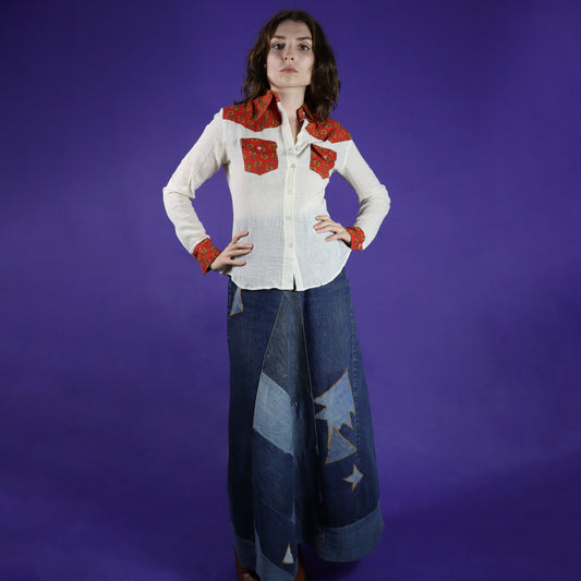 Deadstock Vintage 1970s Indian Blockprint Dagger Collar Cheesecloth Shirt Red