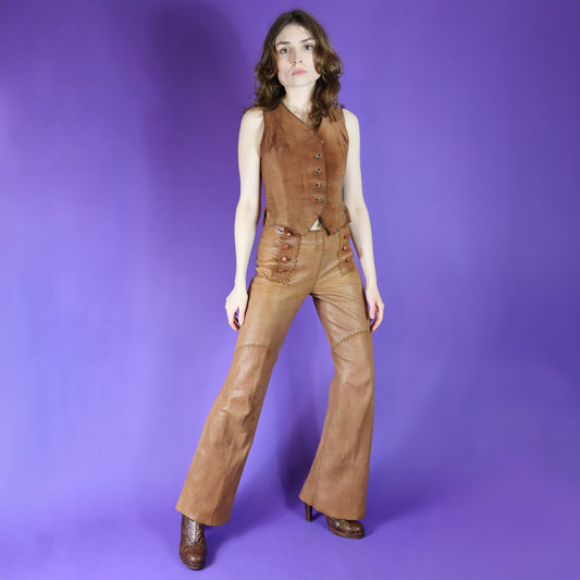 Vintage 1970s North Beach Leather Tan Whipstitch Flares