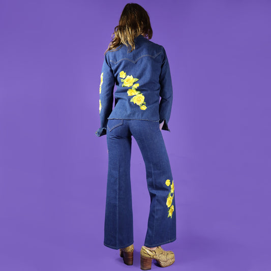 Vintage 1970s Antonio Guiseppe Yellow Roses Embroidered Denim Suit Cowgirl