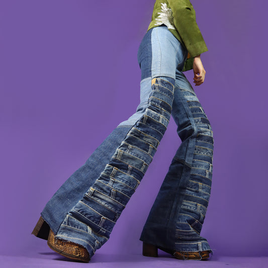 Vintage 1970s Antonio Guiseppe Waistband Patchwork Recycled Denim Armadillo Flares
