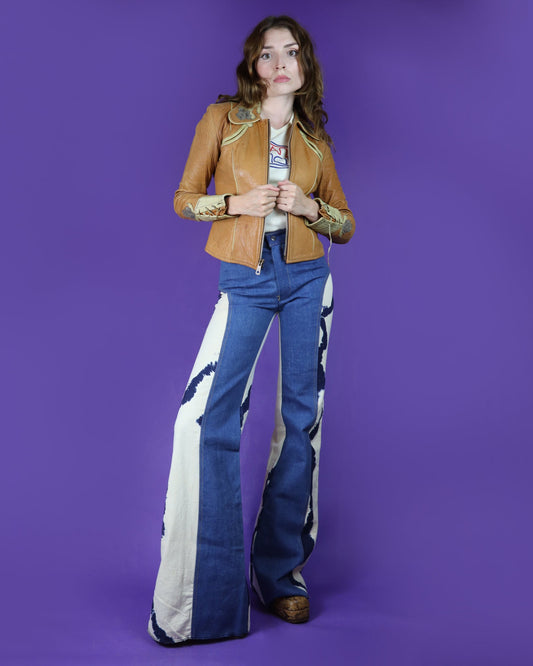 Vintage 1970s Antonio Guiseppe Tie Dye Saddleback Denim Flares