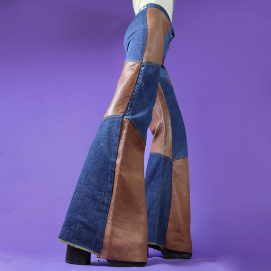 Vintage 1970s Antonio Guiseppe Leather Denim Patchwork Flares