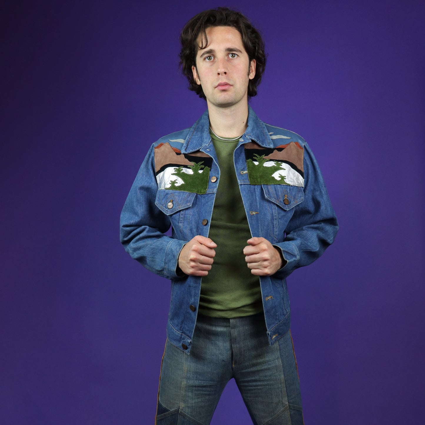 Vintage 1970s Hand Appliquéd Leather Patchwork Lion Denim Wrangler Jacket