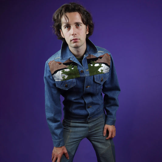 Vintage 1970s Hand Appliquéd Leather Patchwork Lion Denim Wrangler Jacket