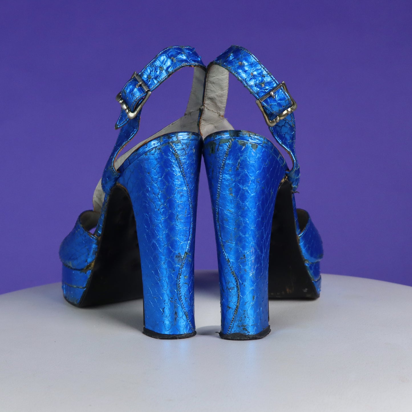 Vintage 1970s Terry De Havilland Electric Blue Snakeskin Platform Heels Shoes