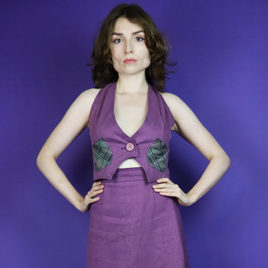 Vintage 1970s Purple Denim Two Piece Set Waistcoat & Skirt Suit