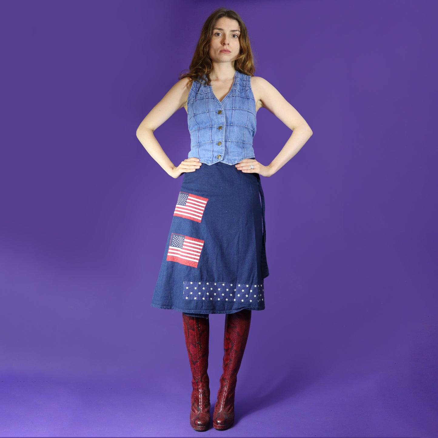 Vintage 1970s Folk Denim Patchwork USA Flag Wrap Skirt