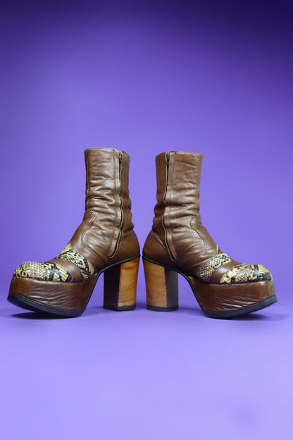 Vintage 1970s Snakeskin Trim Platform Boots