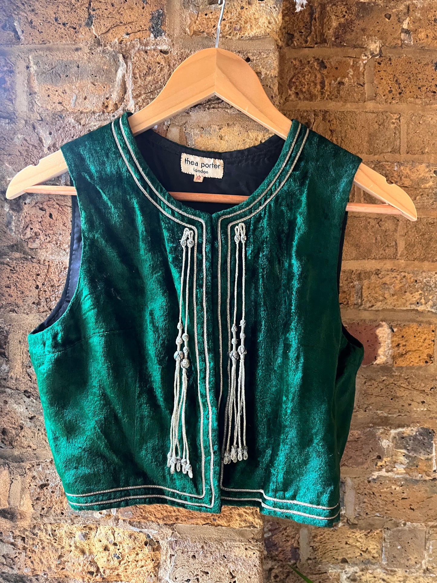 Rare Vintage 1970s Thea Porter Emerald Silk Velvet Waistcoat