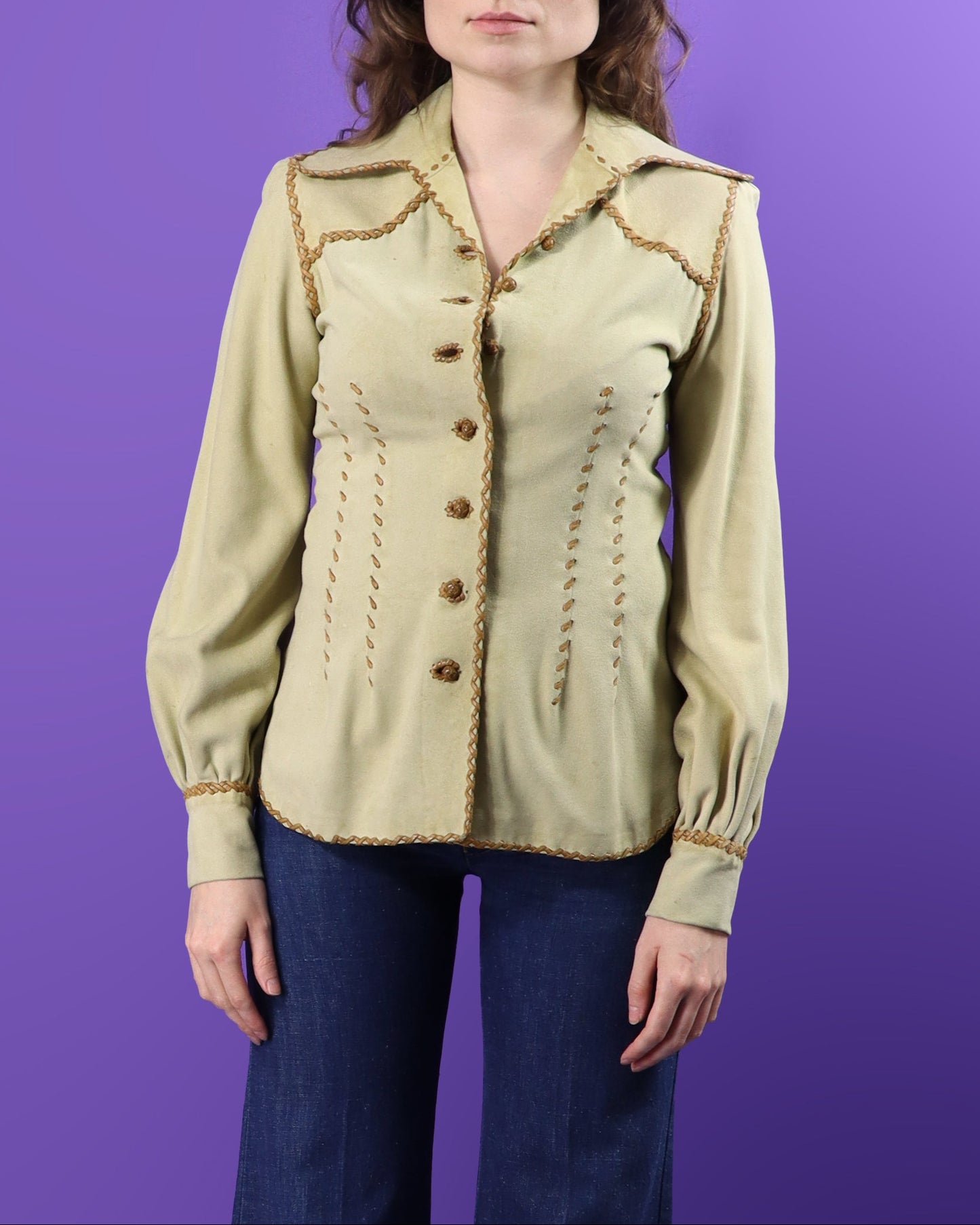 Vintage 1970s North Beach Leather Cream Suede Balloon Sleeve Shirt