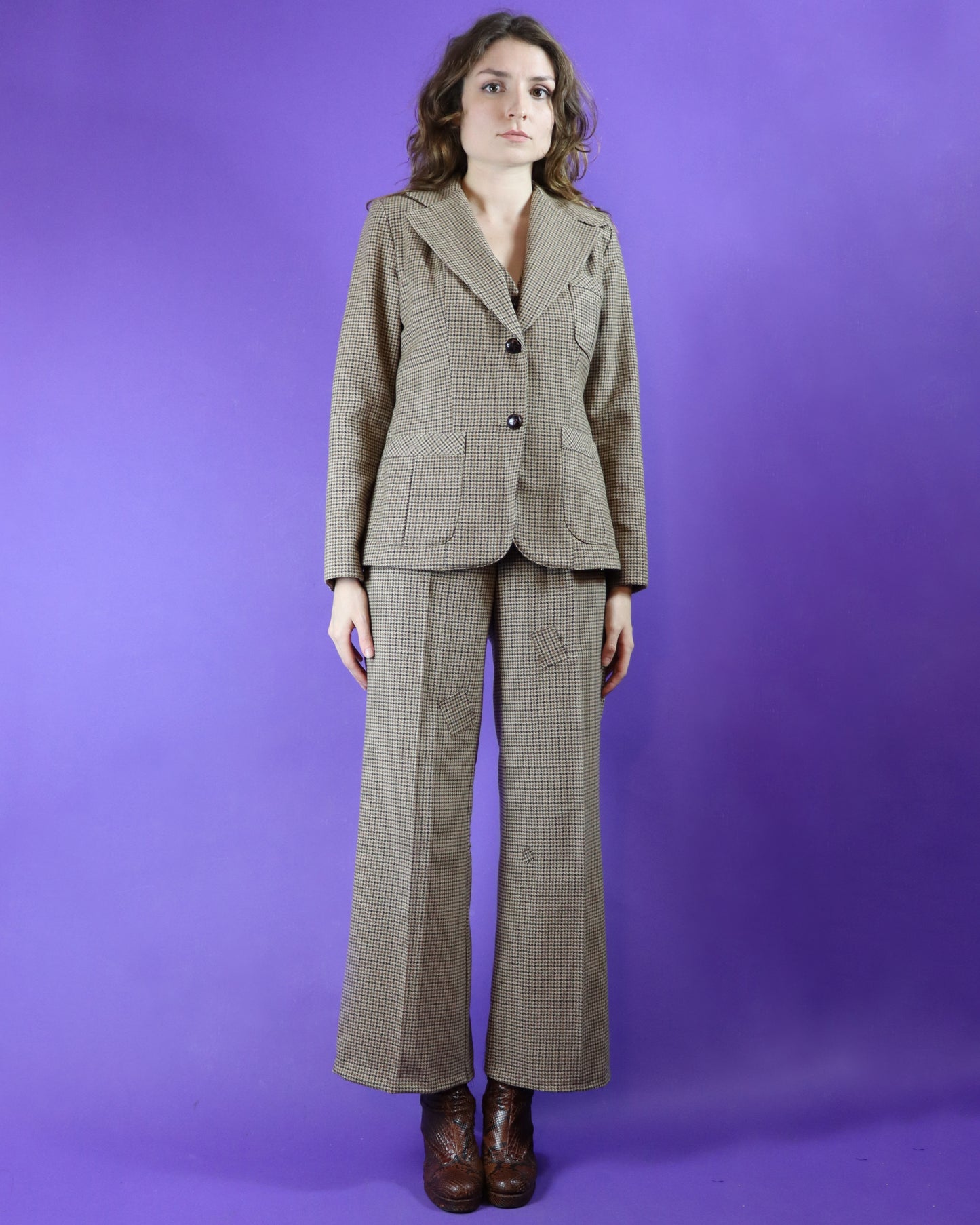 RESERVED Vintage 1970s Happy Legs Tweed 3 Piece Suit with Patchwork Flares