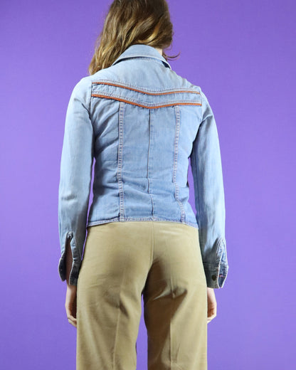 Vintage 1970s Faded Glory Western Denim Shirt with Leather Detail