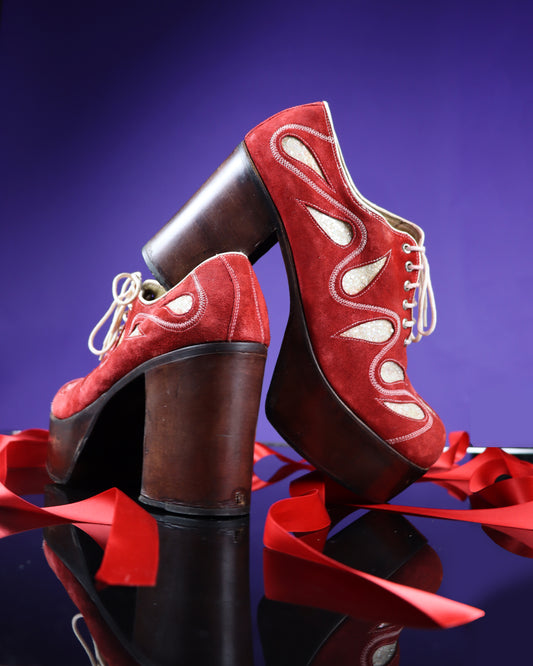 RARE Vintage Nunn Bush Glitter Red Suede Platform Shoes