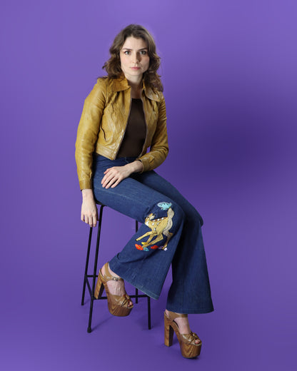 Vintage 1970s Antonio Guiseppe Bambi Denim Embroidered Flares Jeans