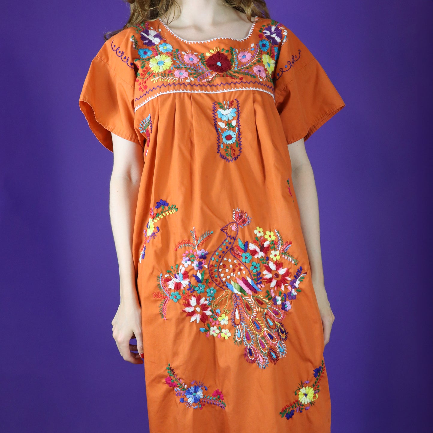 Vintage 1970s Orange Mexican Cotton Dress