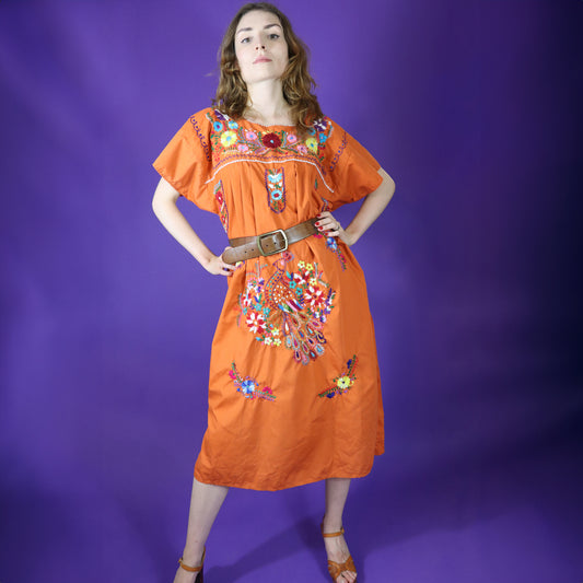 Vintage 1970s Orange Mexican Cotton Dress