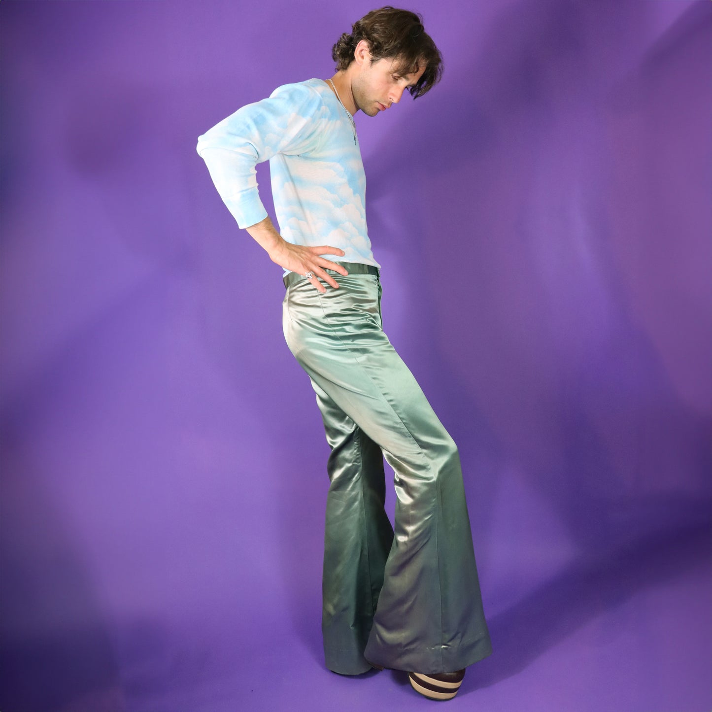 Vintage 1970s Pale Green Satin Flares