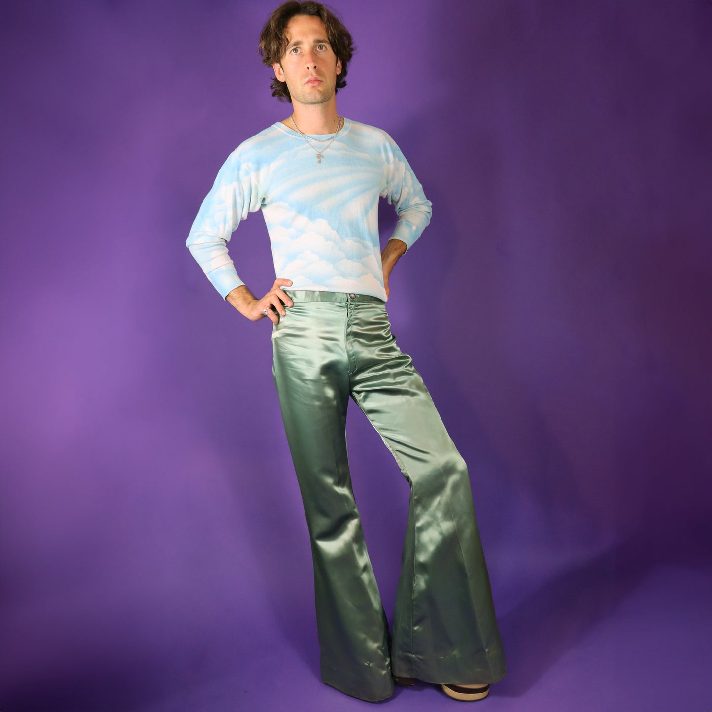 Vintage 1970s Pale Green Satin Flares