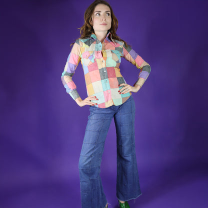 Vintage 1970s Patchwork Madras Cotton Rainbow Shirt 1