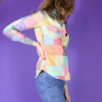 Vintage 1970s Patchwork Madras Cotton Rainbow Shirt 1