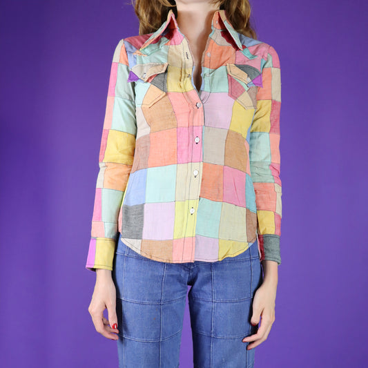 Vintage 1970s Patchwork Madras Rainbow Cotton Shirt 2