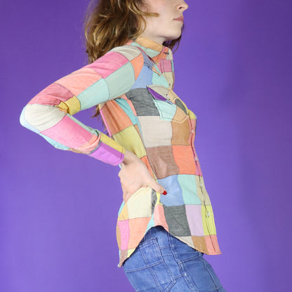 Vintage 1970s Patchwork Madras Rainbow Cotton Shirt 2