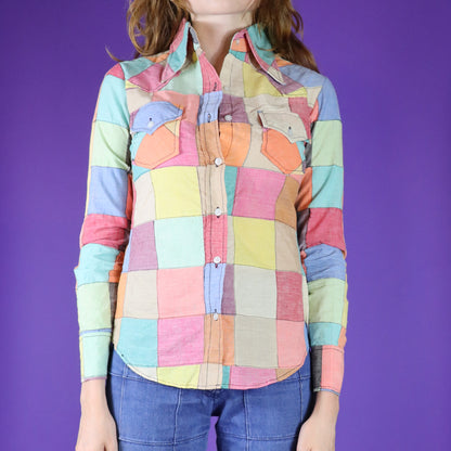 Vintage 1970s Patchwork Madras Rainbow Cotton Shirt 3