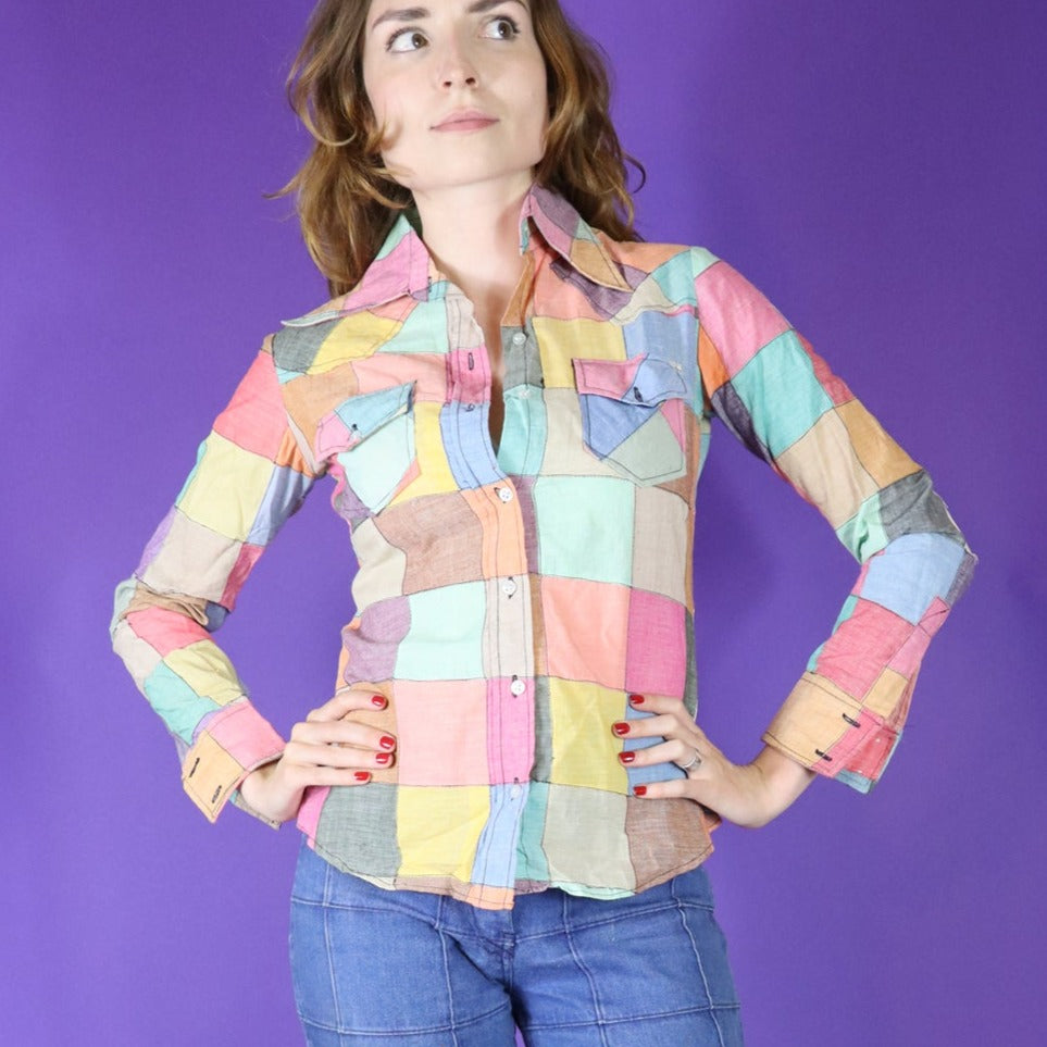 Vintage 1970s Patchwork Madras Rainbow Cotton Shirt 4