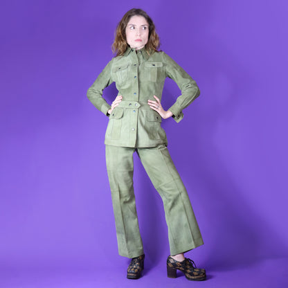 Vintage 1970s Pistachio Suede Safari Suit Set Flares