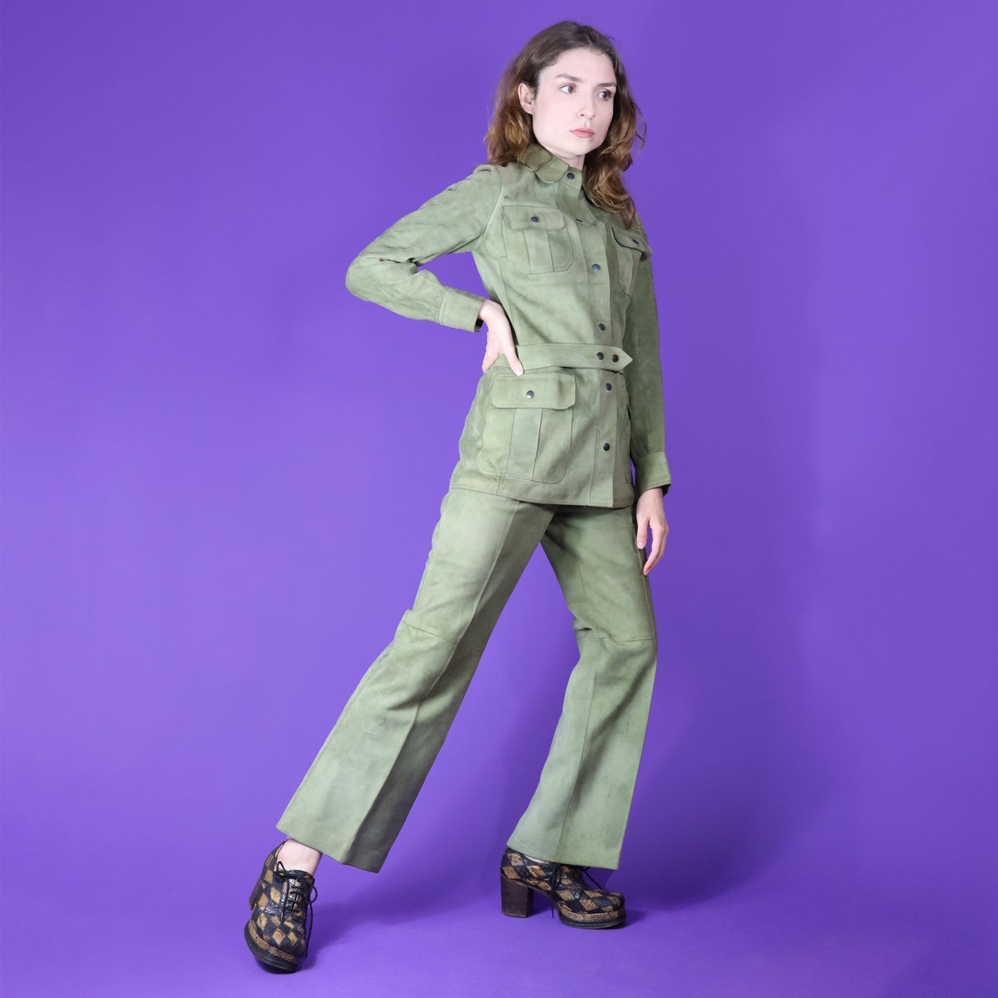 Vintage 1970s Pistachio Suede Safari Suit Set Flares