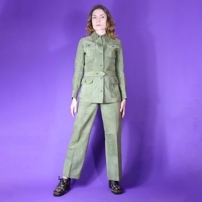 Vintage 1970s Pistachio Suede Safari Suit Set Flares