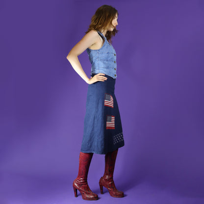 Vintage 1970s Folk Denim Patchwork USA Flag Wrap Skirt