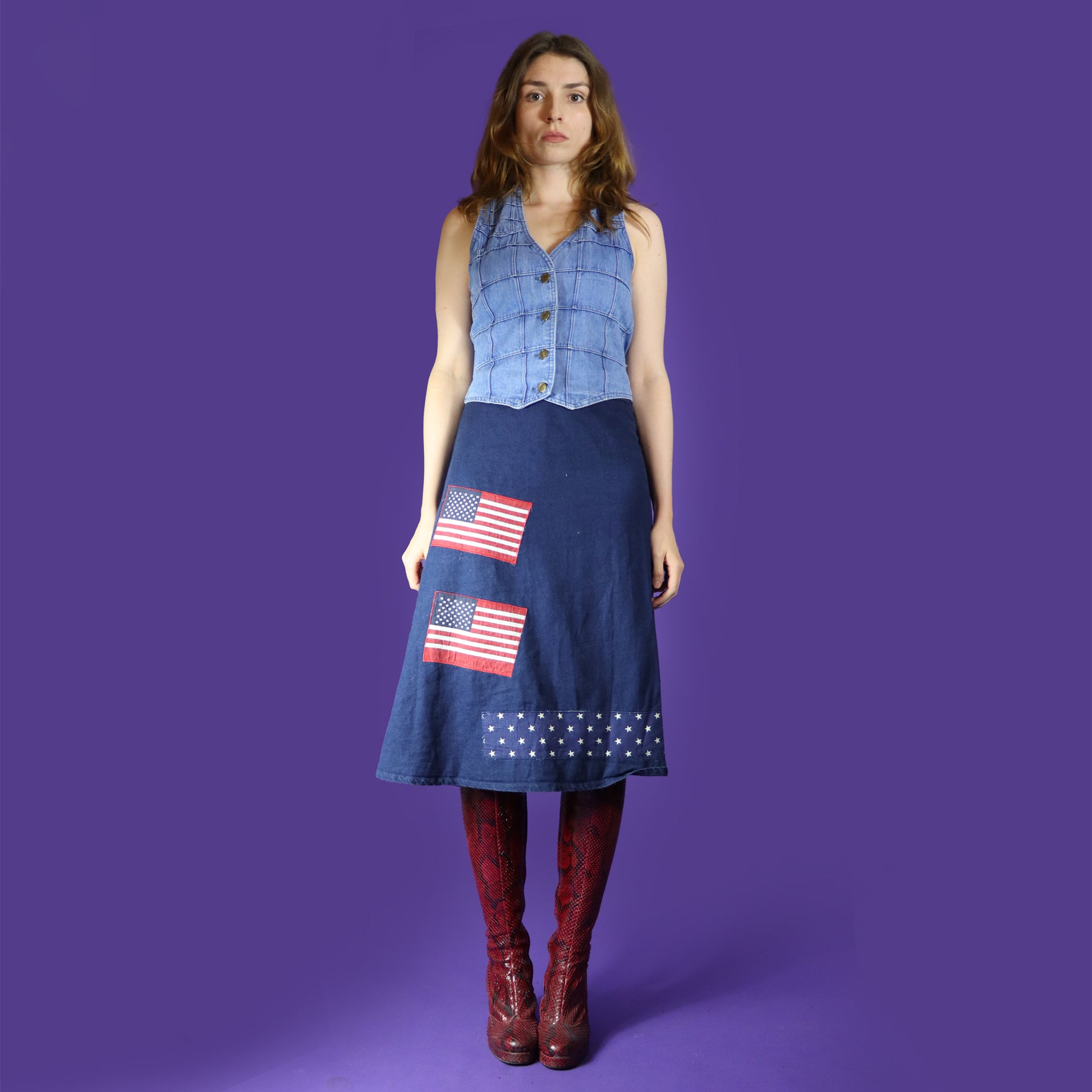 Vintage 1970s Folk Denim Patchwork USA Flag Wrap Skirt – 70sstacks