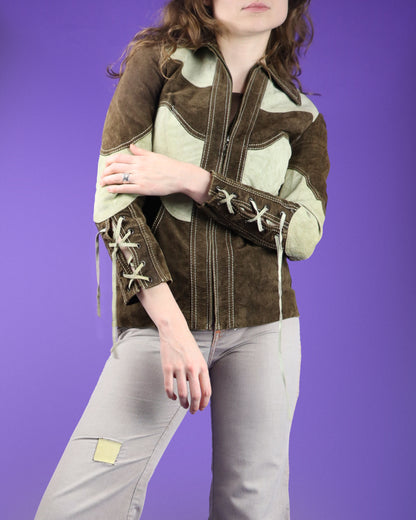 Vintage 1970s Roncelli Two Tone Suede Lace Up Sleeve Jacket