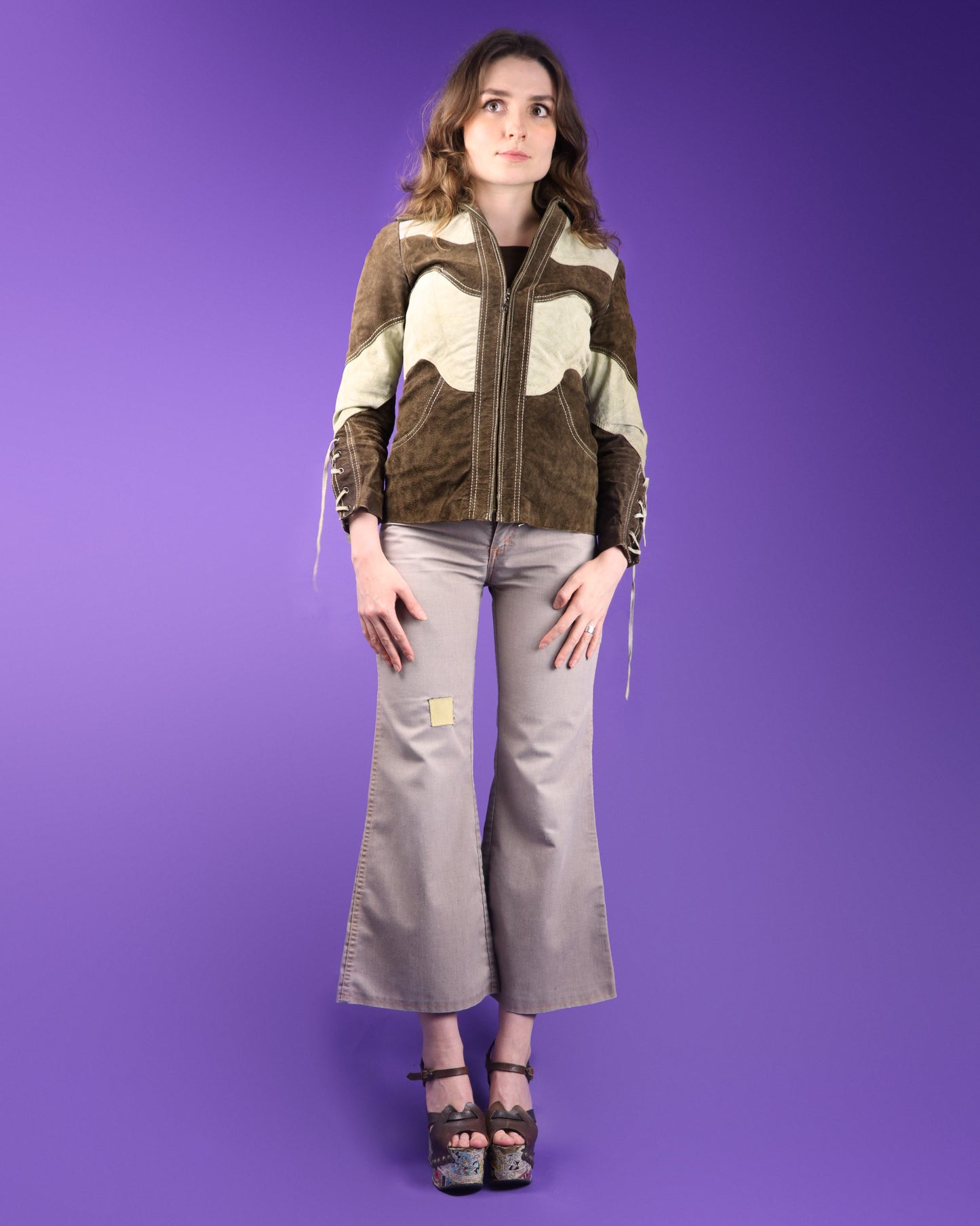 Vintage 1970s Roncelli Two Tone Suede Lace Up Sleeve Jacket