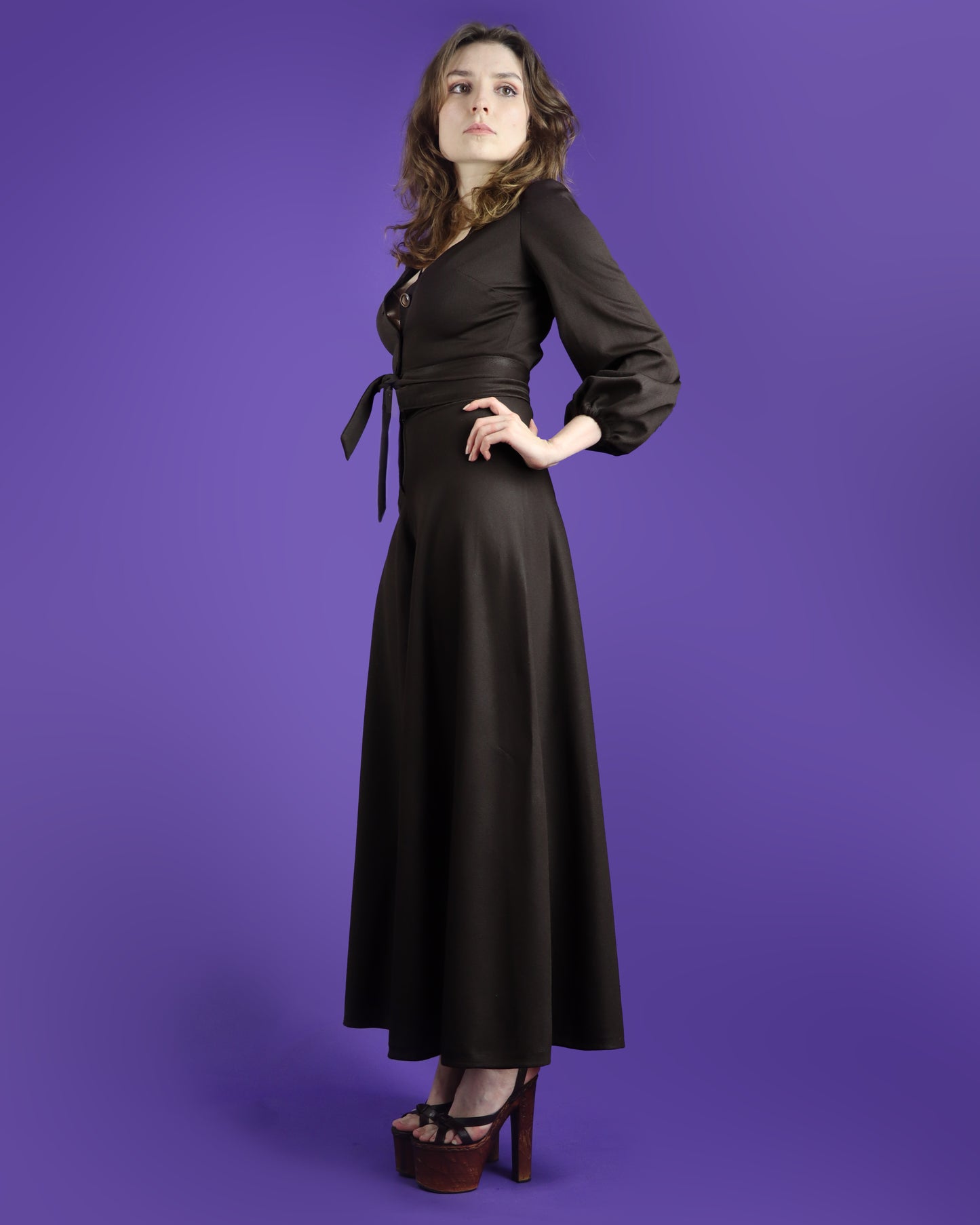 Vintage 1970s Chocolate Brown Palazzo Pant Suit Wide Leg Flares Balloon Sleeve