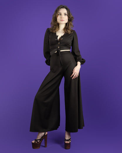 Vintage 1970s Chocolate Brown Palazzo Pant Suit Wide Leg Flares Balloon Sleeve