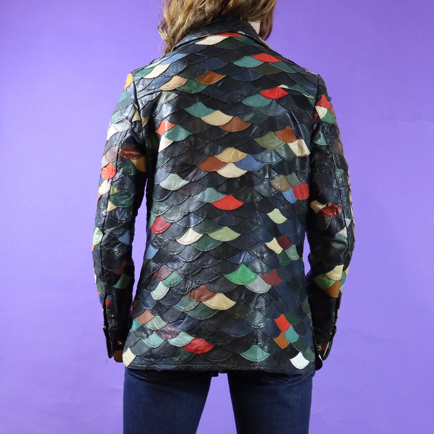 Vintage 1970s Fishscale patchwork rainbow leather jacket