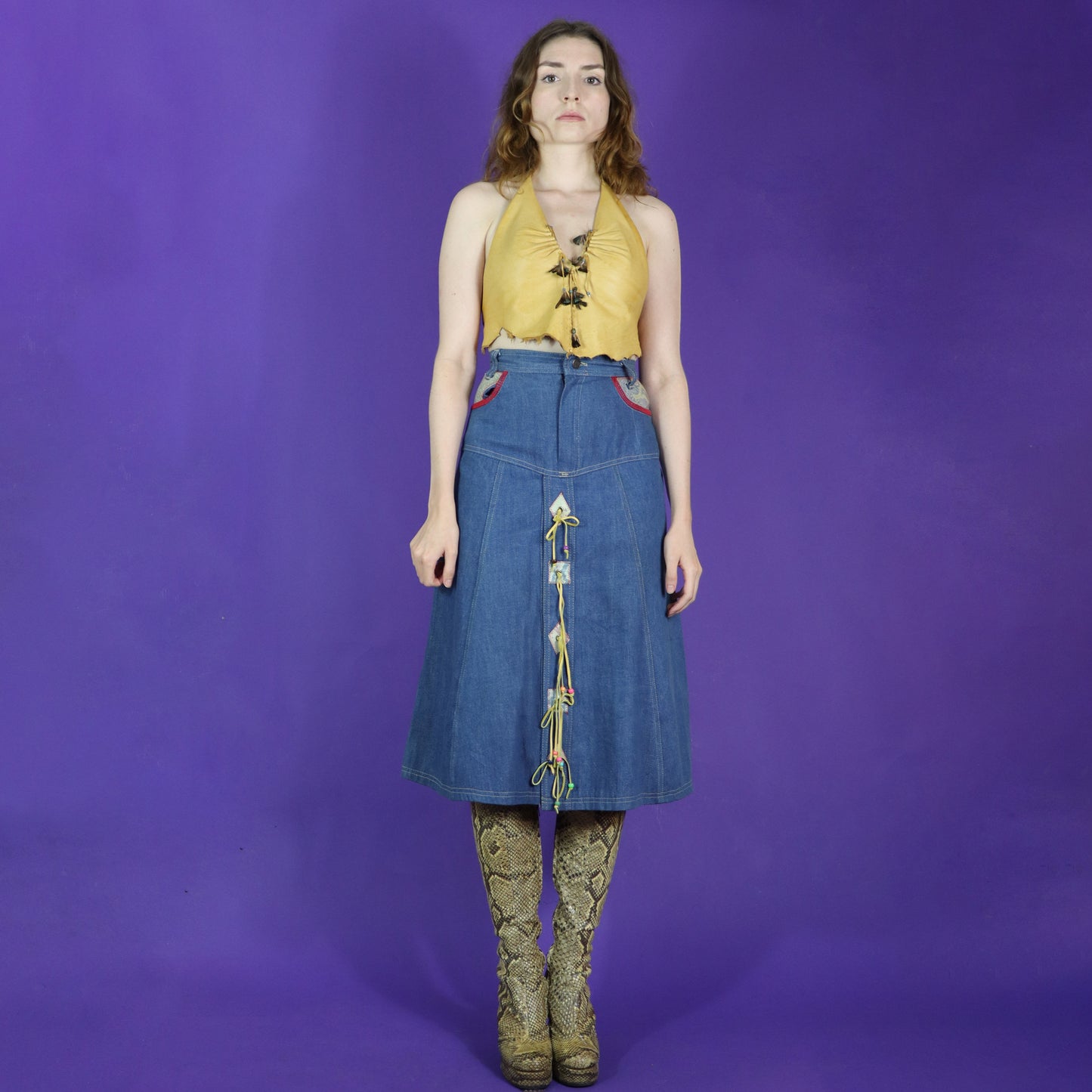 Vintage 1970s French Dressing Denim Hippie Skirt