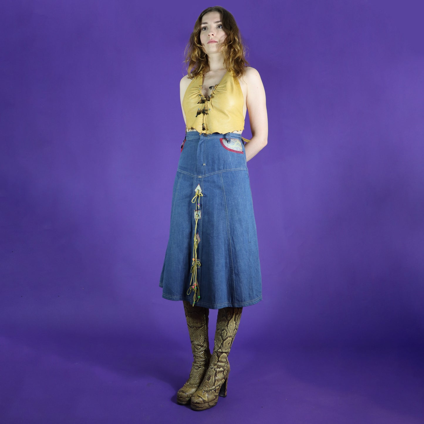 Vintage 1970s French Dressing Denim Hippie Skirt