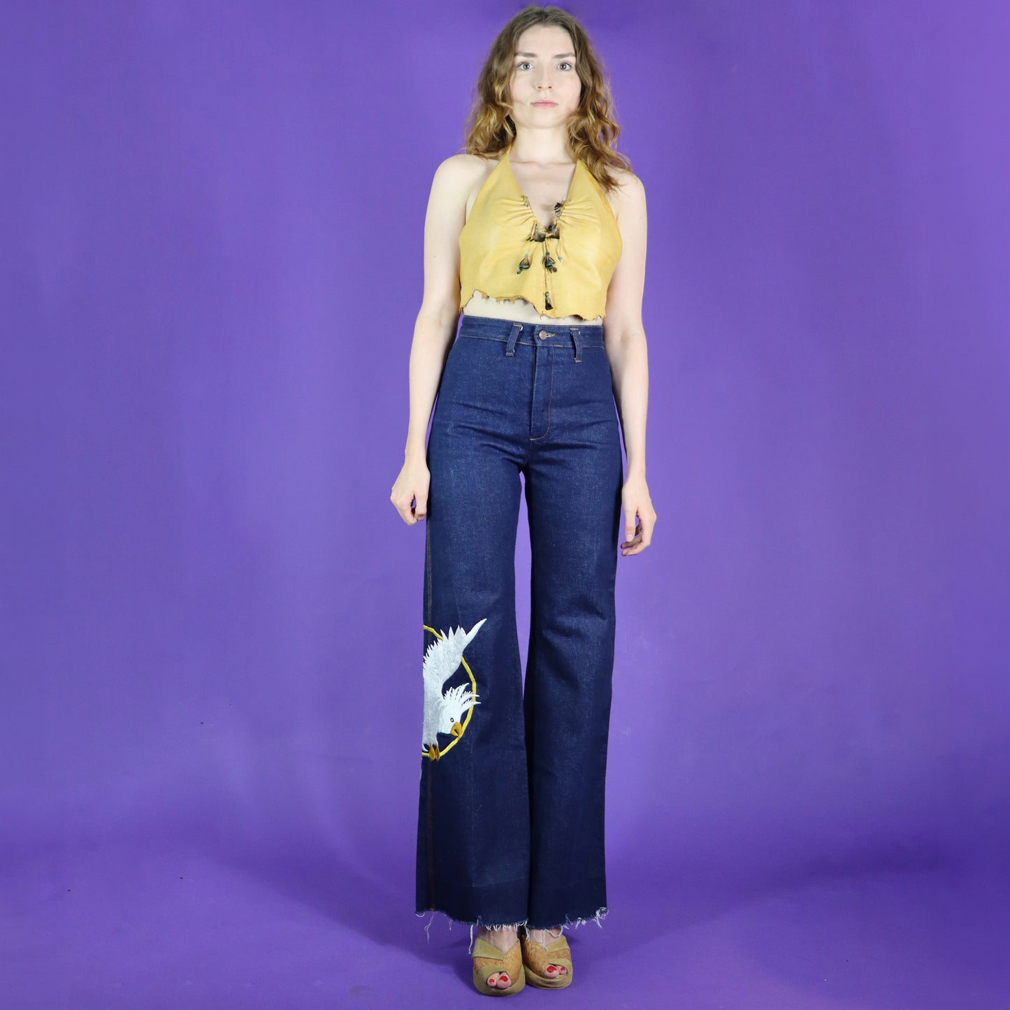 Vintage 1970s G Guebelli Bird Embroidered Denim Jeans Flares