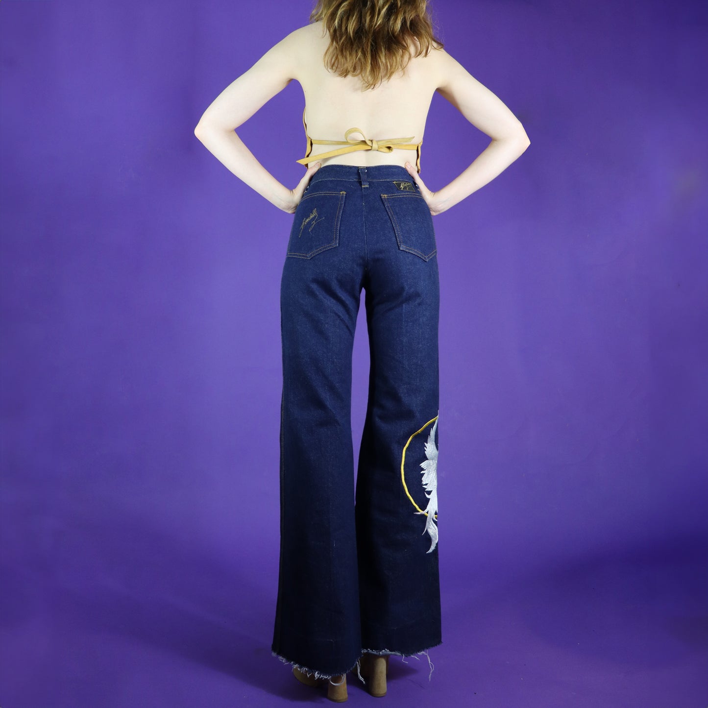 Vintage 1970s G Guebelli Bird Embroidered Denim Jeans Flares