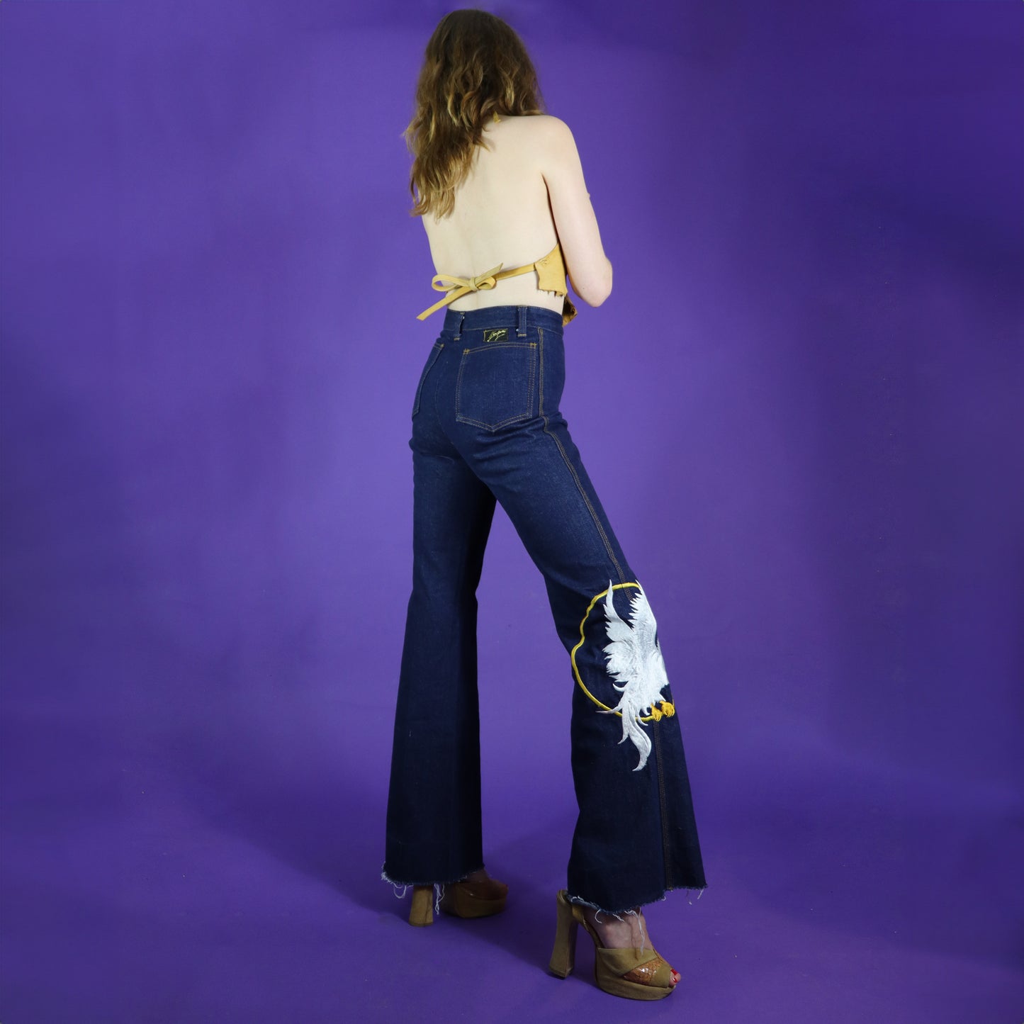 Vintage 1970s G Guebelli Bird Embroidered Denim Jeans Flares