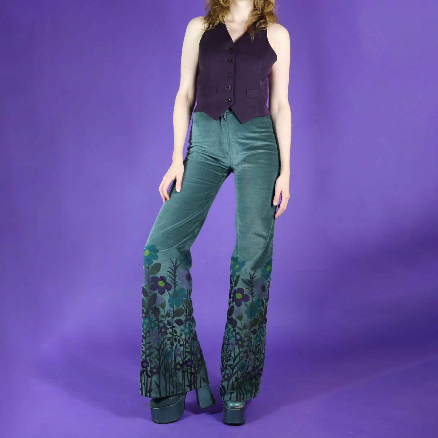 RESERVED::: Vintage 1970s Psychedelic Floral Printed Teal Velvet Flares