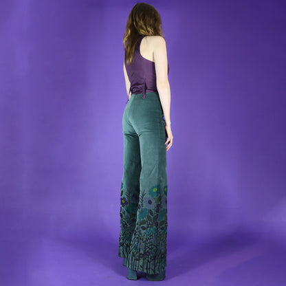 RESERVED::: Vintage 1970s Psychedelic Floral Printed Teal Velvet Flares