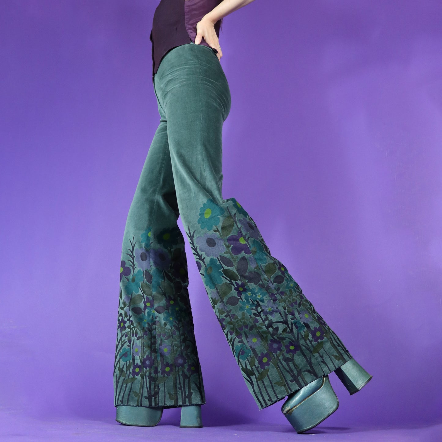 RESERVED::: Vintage 1970s Psychedelic Floral Printed Teal Velvet Flares